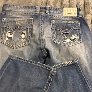 Affliction Men’s Blue Distressed Bootcut Jeans with Embroidered Back Pockets